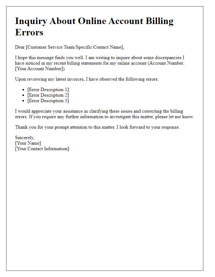 Letter template of inquiry about online account billing errors