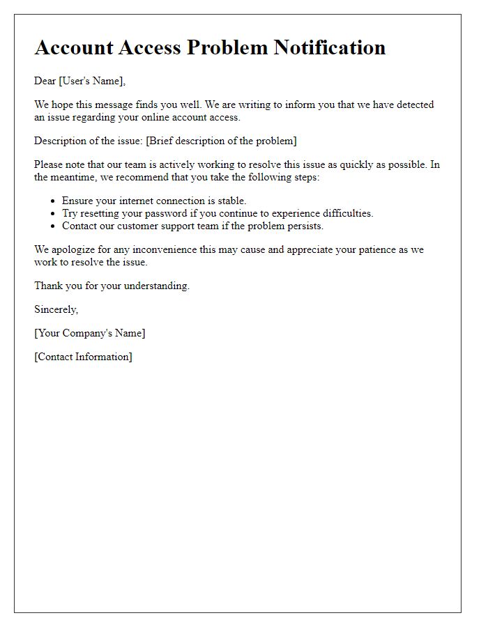 Letter template of online account access problem notification