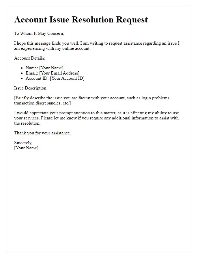 Letter template of online account issue resolution request