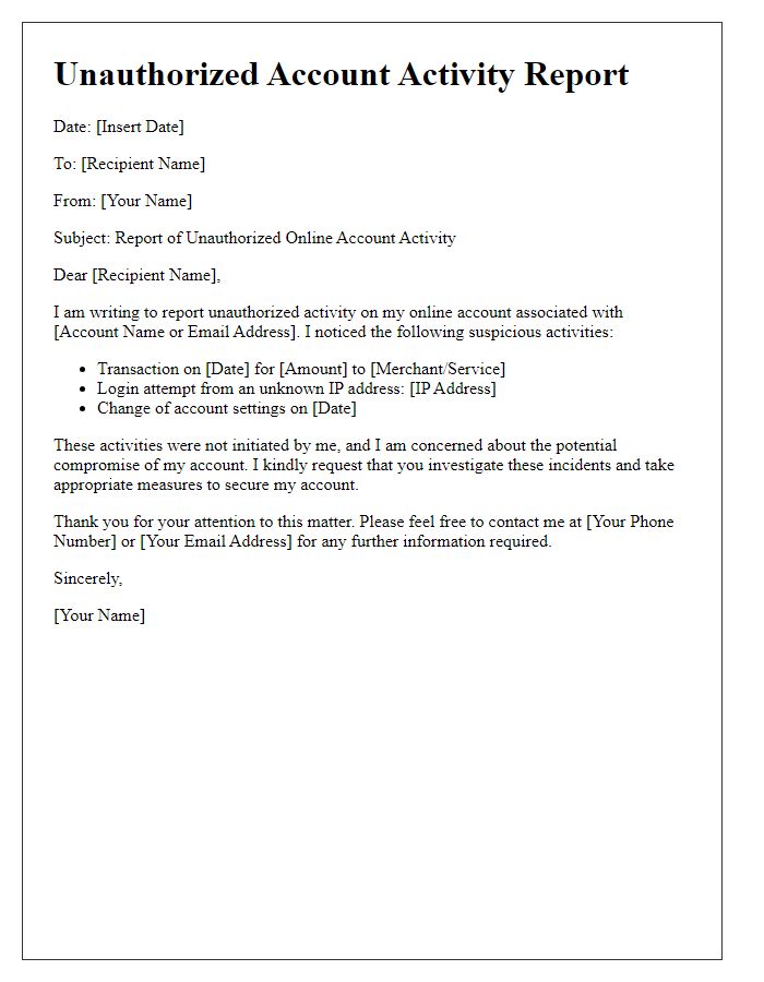 Letter template of report for unauthorized online account activity