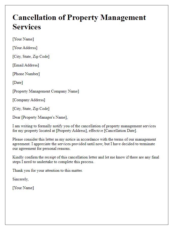 Letter template of cancellation of property management services