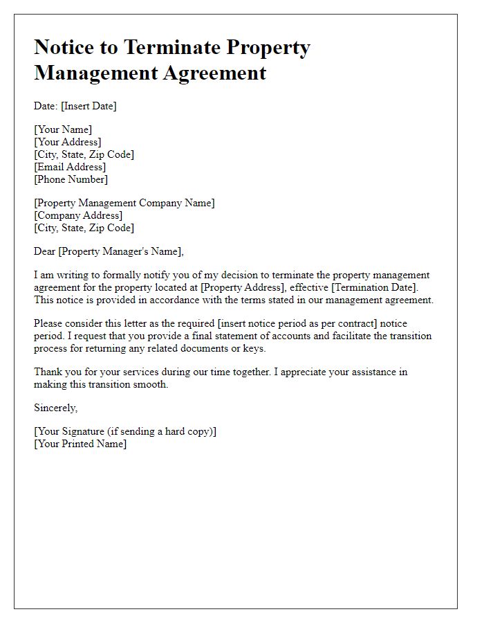 Letter template of notice to terminate property management