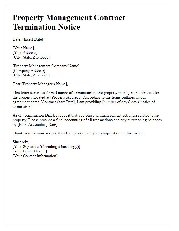 Letter template of property management contract termination notice