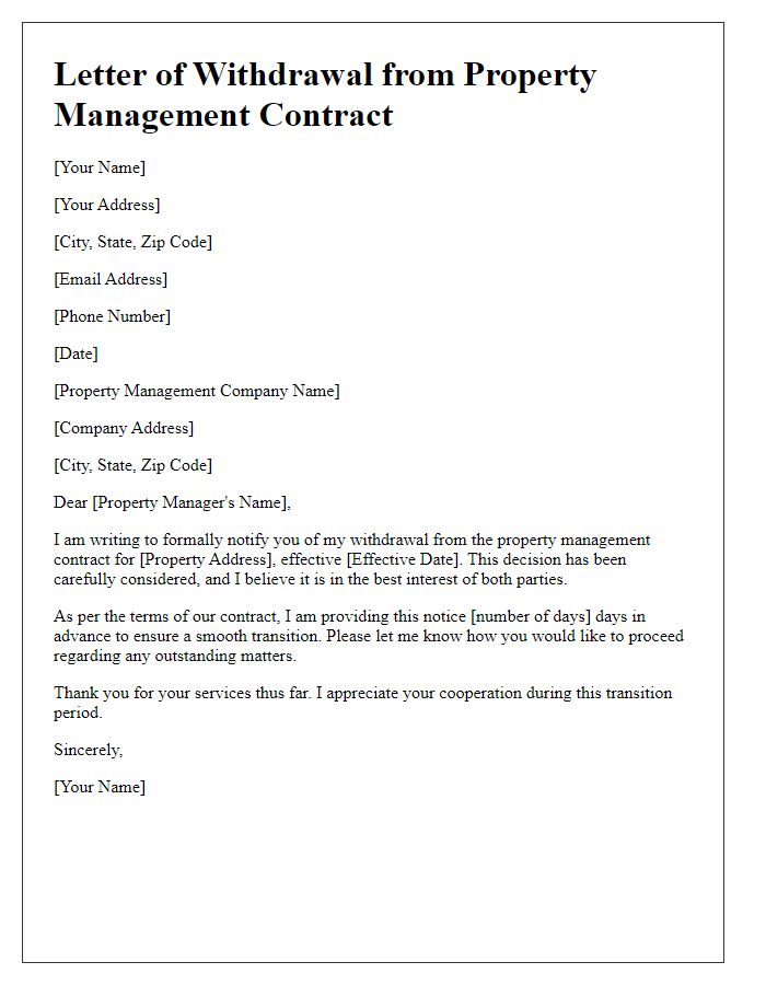 Letter template of withdrawal from property management contract