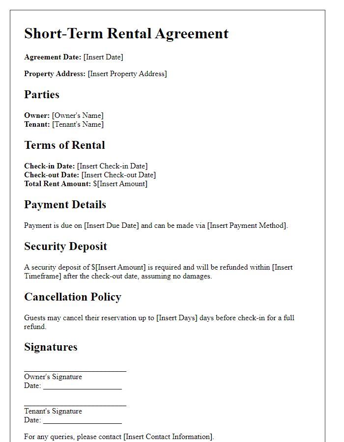 Letter template of a short-term rental agreement.