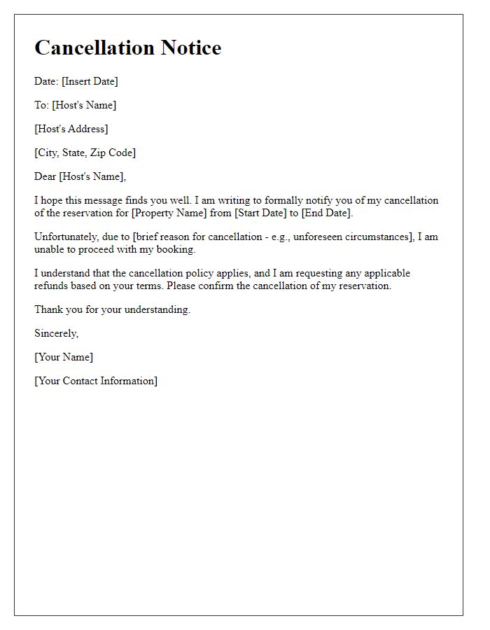 Letter template of a short-term rental cancellation notice.