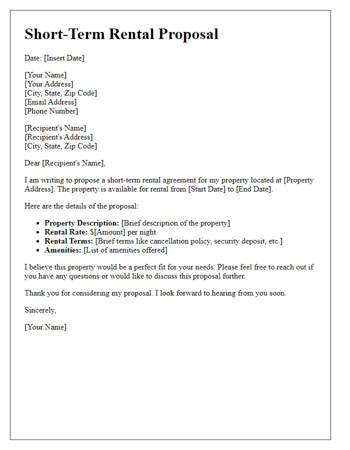 Letter template of a short-term rental proposal.