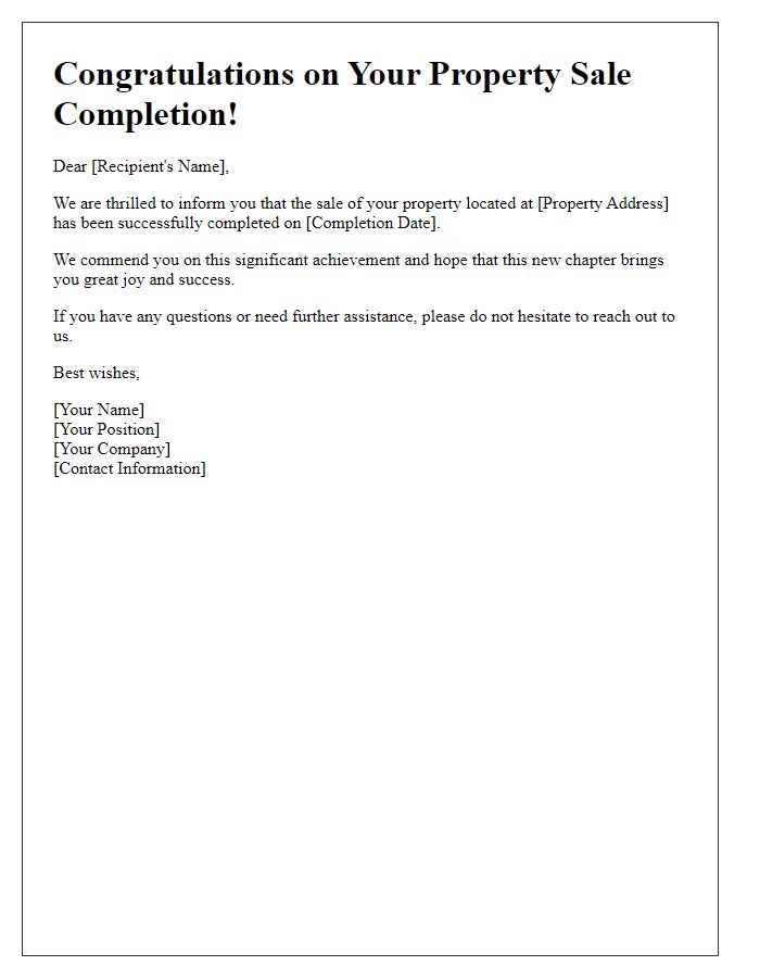 Letter template of Property Sale Completion Congratulations