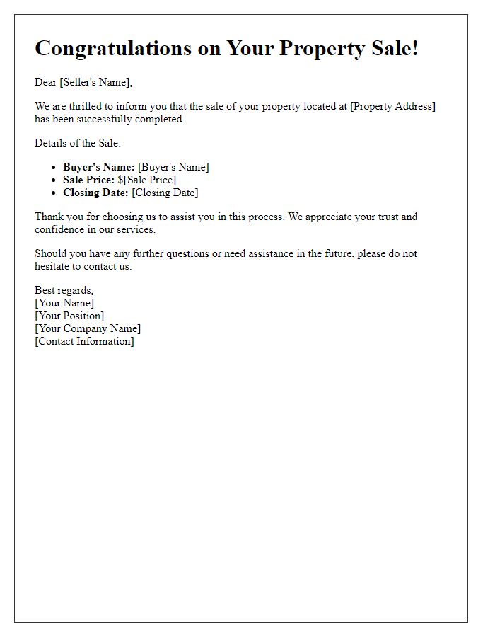 Letter template of Property Sale Deal Success Message