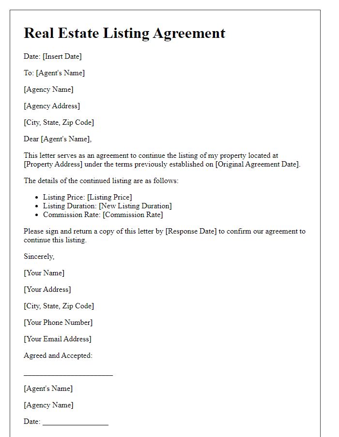 Letter template of agreement for continuing real estate listing