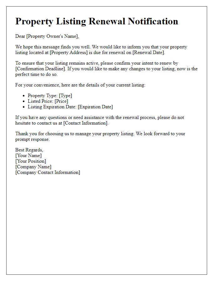 Letter template of property listing renewal notification