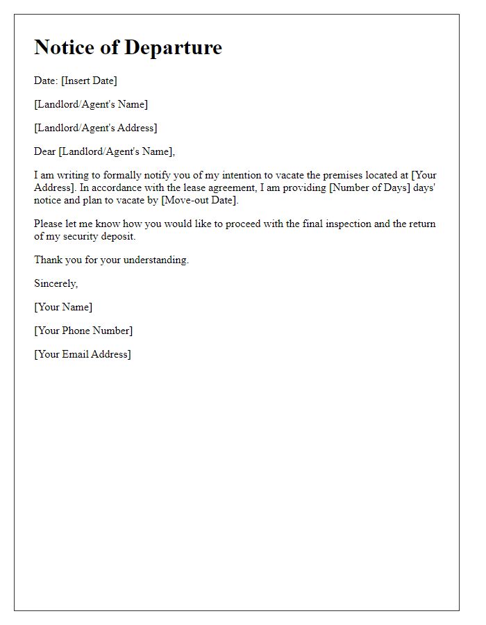 Letter template of departure notice to landlord or agent