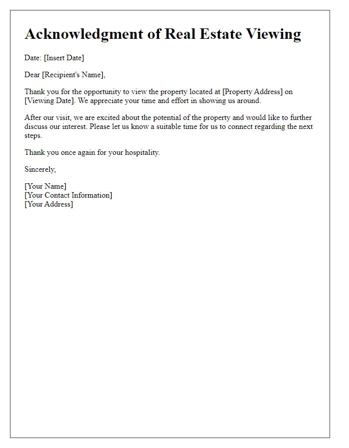 Letter template of acknowledgment for real estate viewing