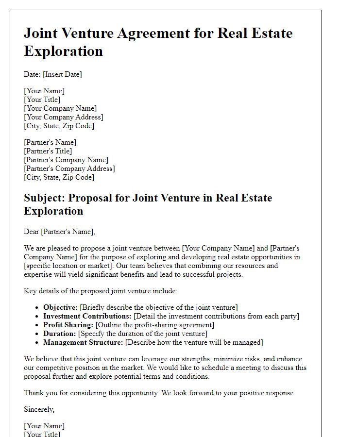 Letter template of joint venture in real estate exploration