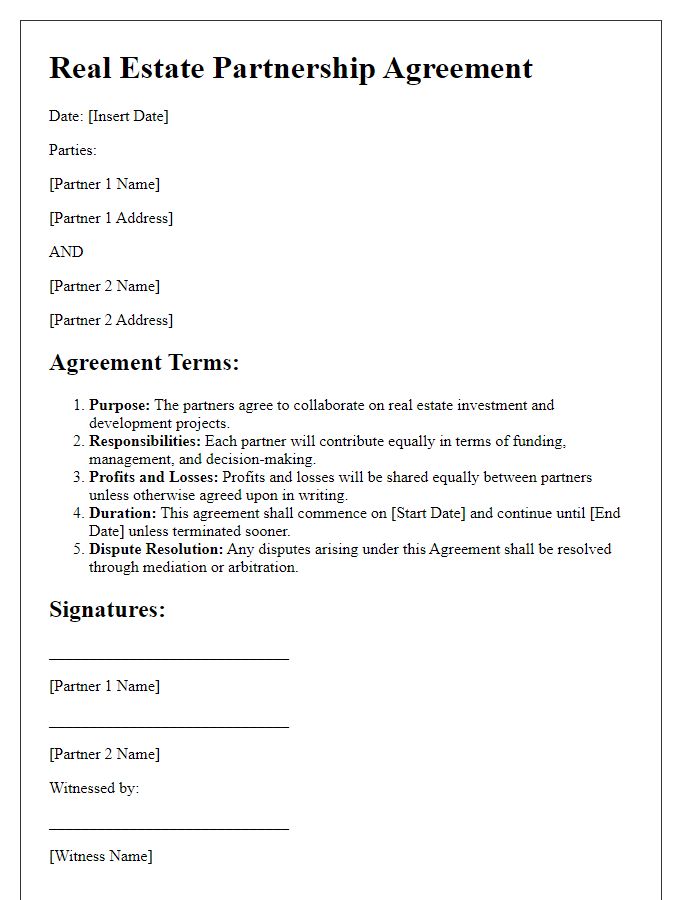 Letter template of real estate partnership agreement