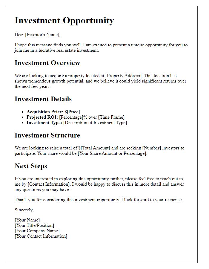 Letter template of shared real estate investment opportunity