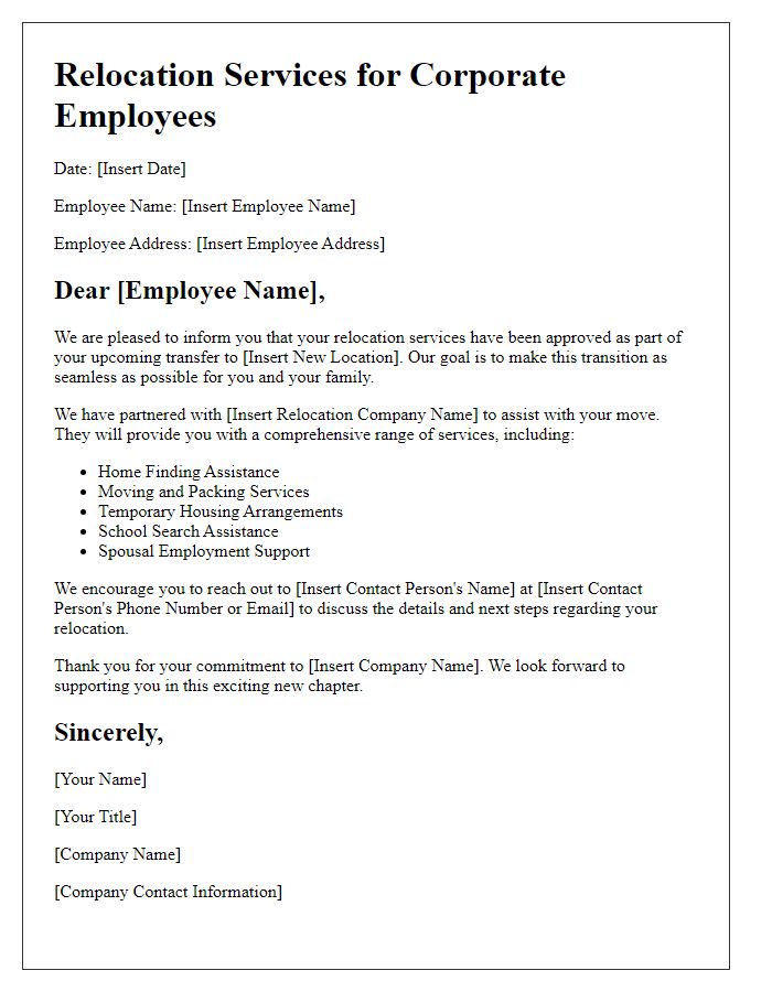 Letter template of relocation services for corporate employees