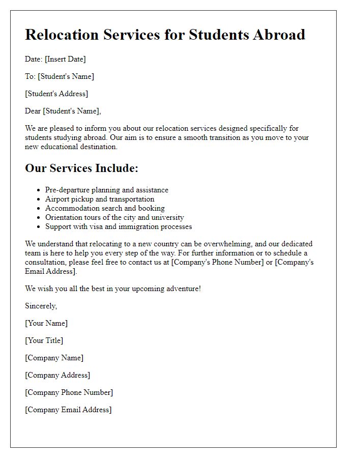 Letter template of relocation services for students studying abroad