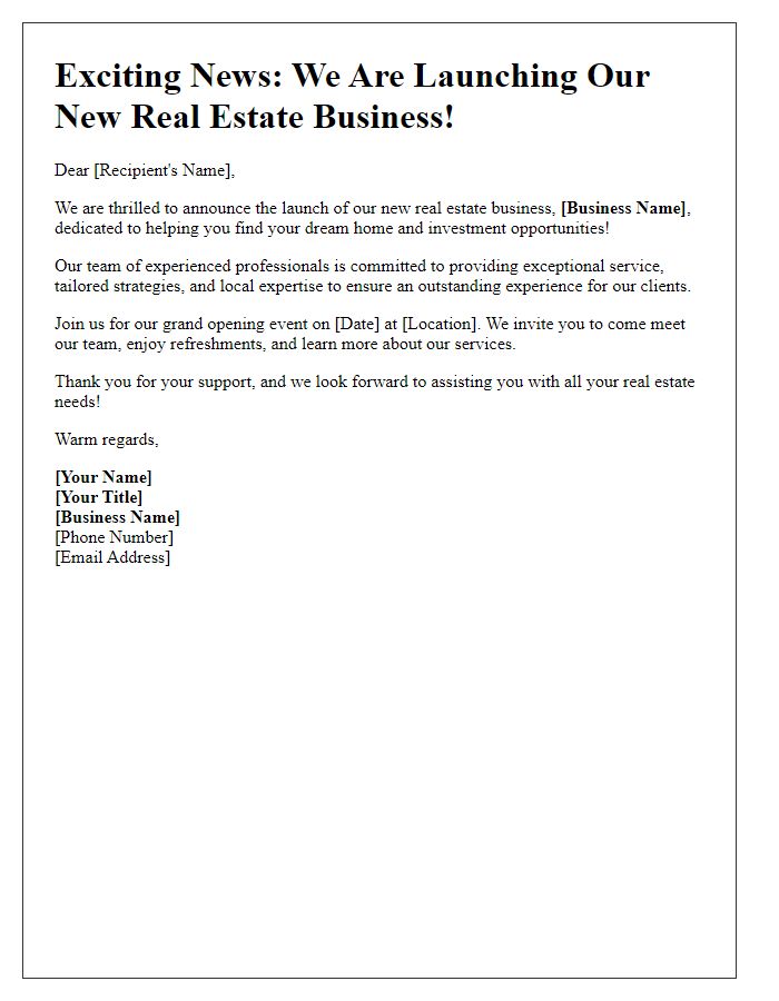 Letter template of new real estate business launch announcement