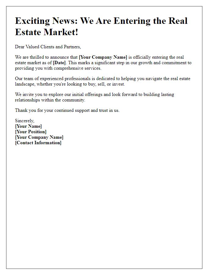 Letter template of real estate market entry announcement