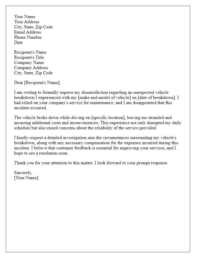 Letter template of complaint about unexpected vehicle breakdown