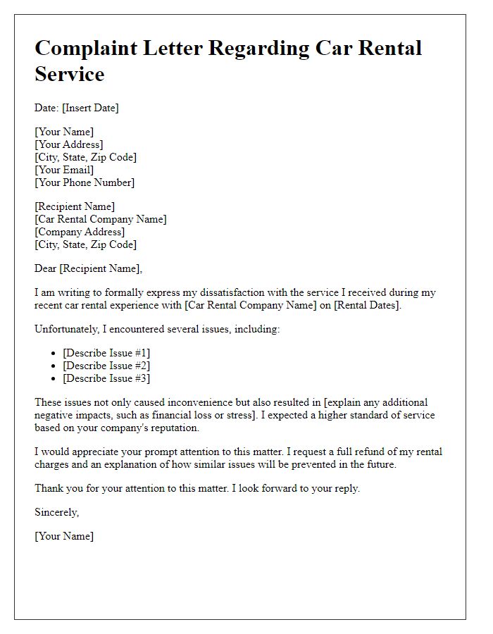 Letter template of complaint regarding car rental service issues