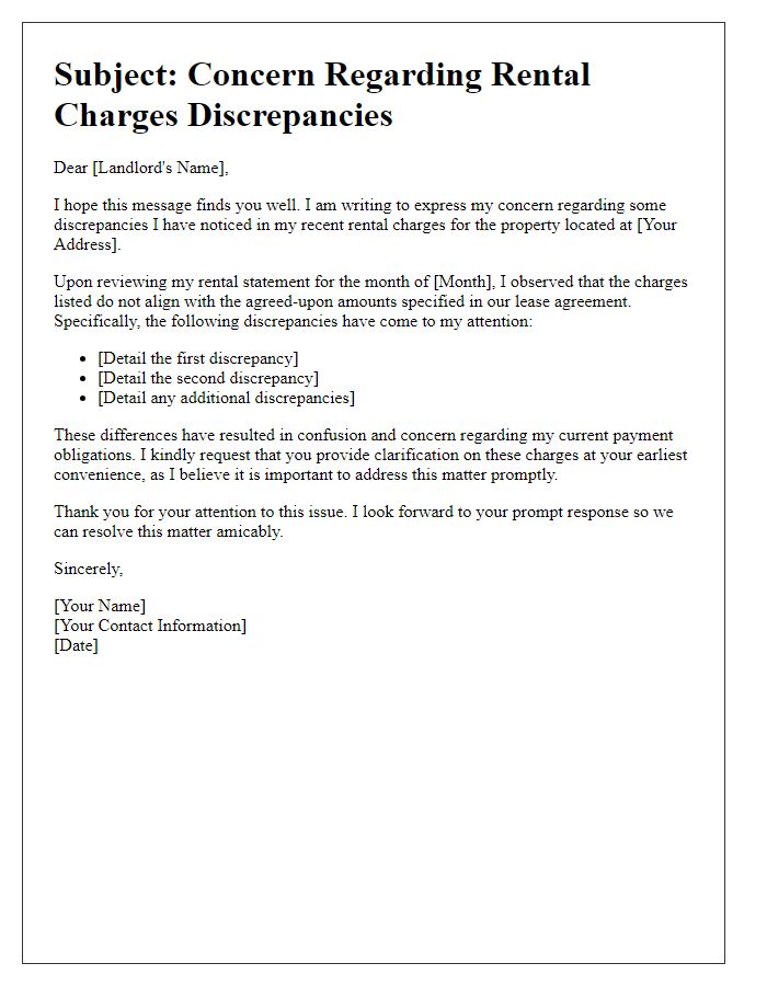 Letter template of concern about rental charges discrepancies