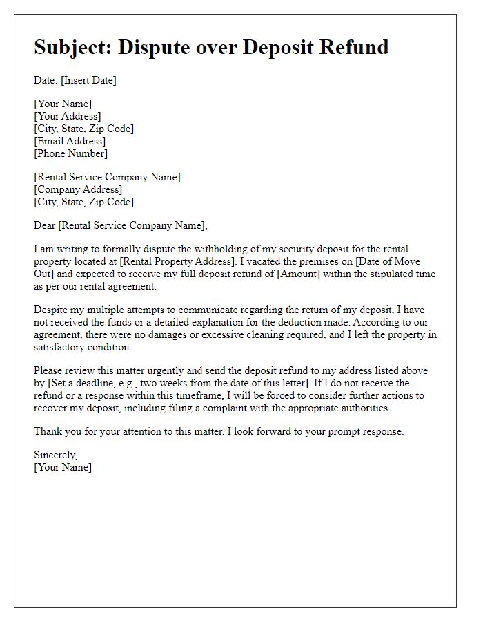 Letter template of dispute over deposit refund from rental service