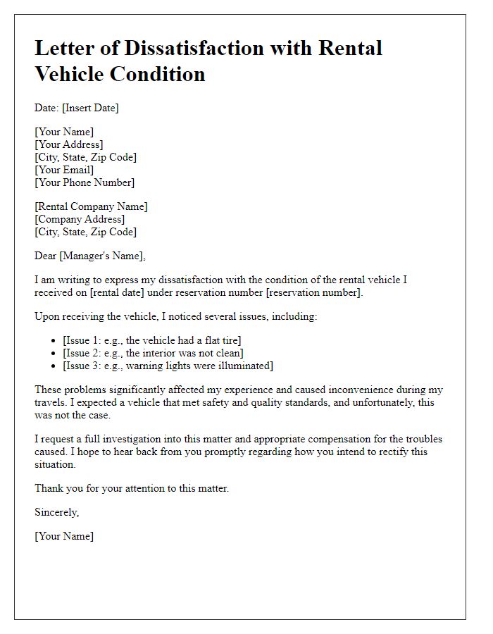 Letter template of dissatisfaction with rental vehicle condition