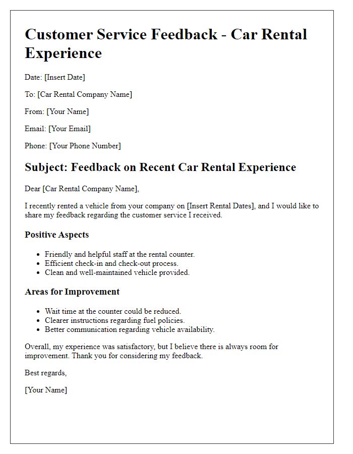 Letter template of feedback on customer service during car rental