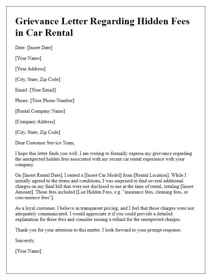 Letter template of grievance about hidden fees in car rental