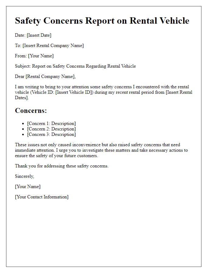 Letter template of report on safety concerns with rental vehicle