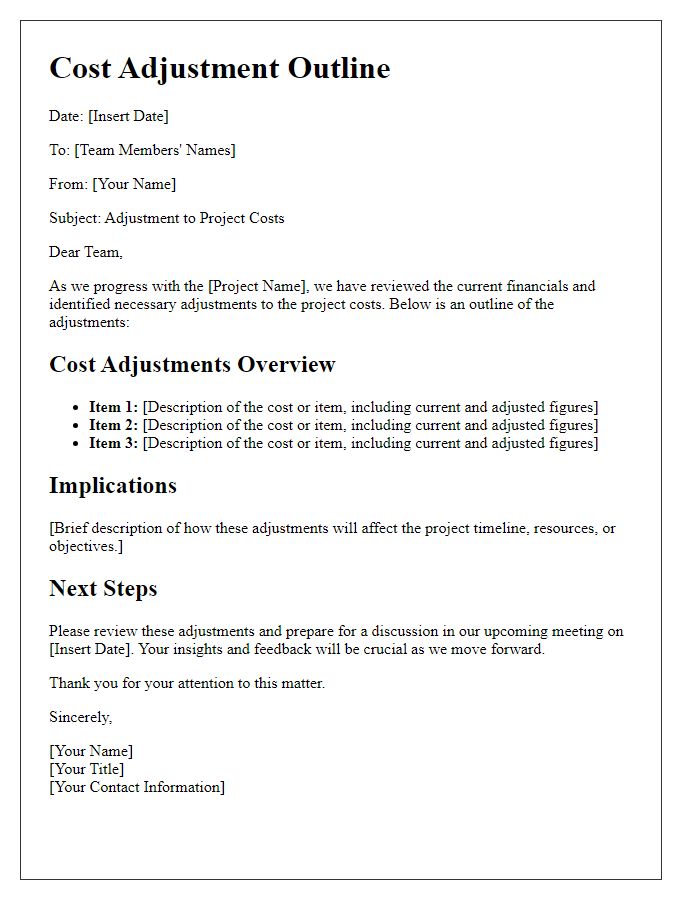 Letter template of cost adjustment outline for team members.