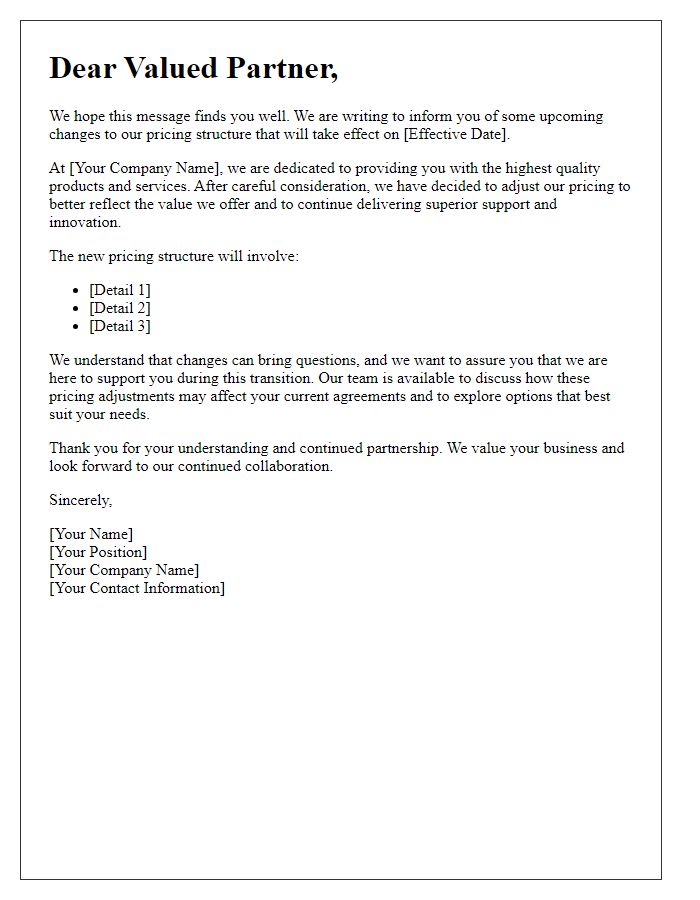 Letter template of explanation for pricing changes to partners.