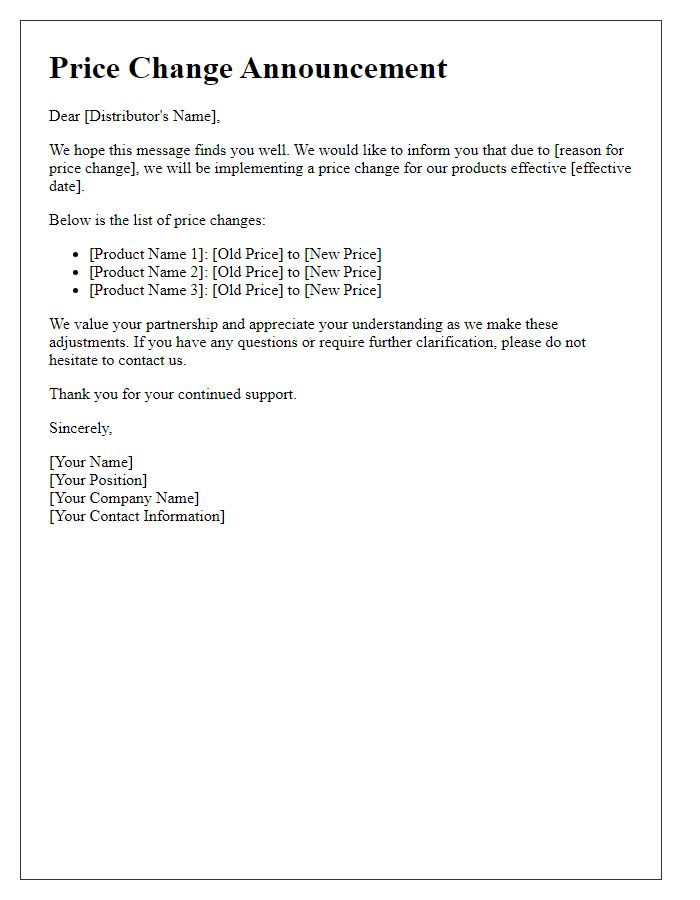 Letter template of price change announcement to distributors.