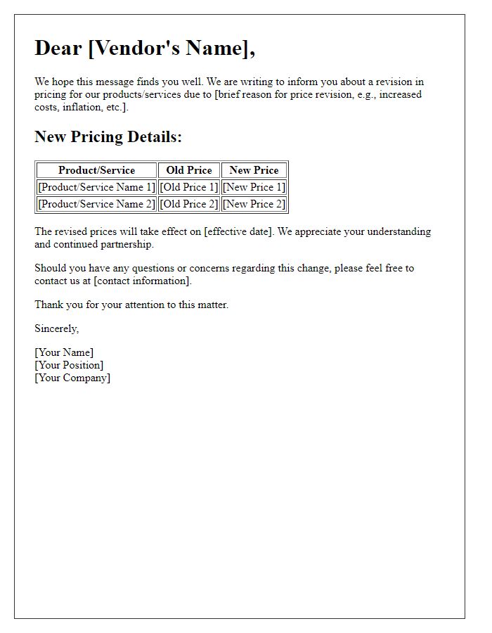 Letter template of price revision details for vendors.