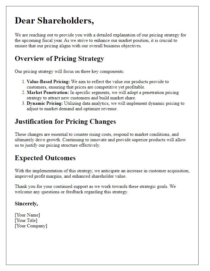 Letter template of pricing strategy explanation for shareholders.