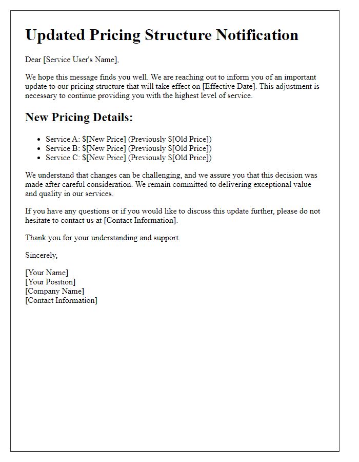 Letter template of updated pricing structure for service users.