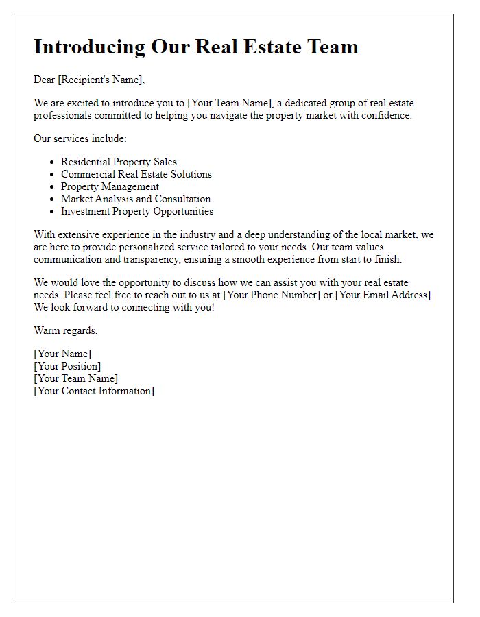 Letter template of introducing our real estate team and services.