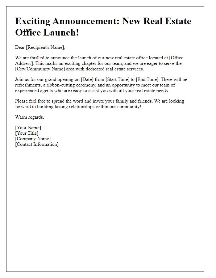 Letter template of new real estate office launch announcement.