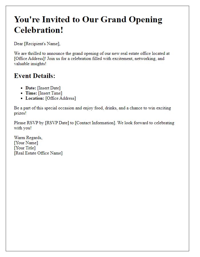 Letter template of real estate office grand opening celebration details.