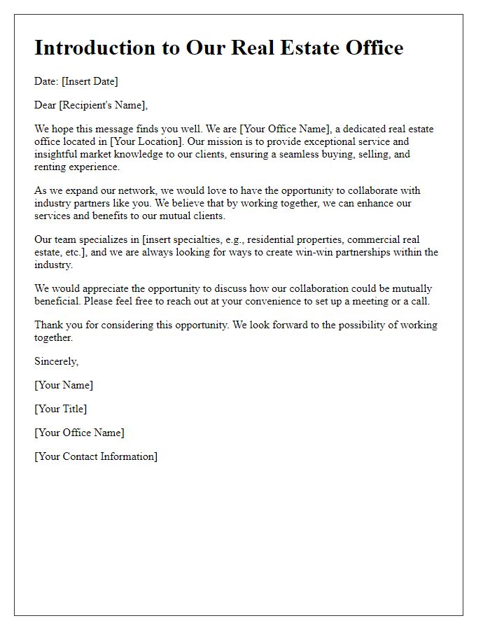 Letter template of real estate office introduction to industry partners.