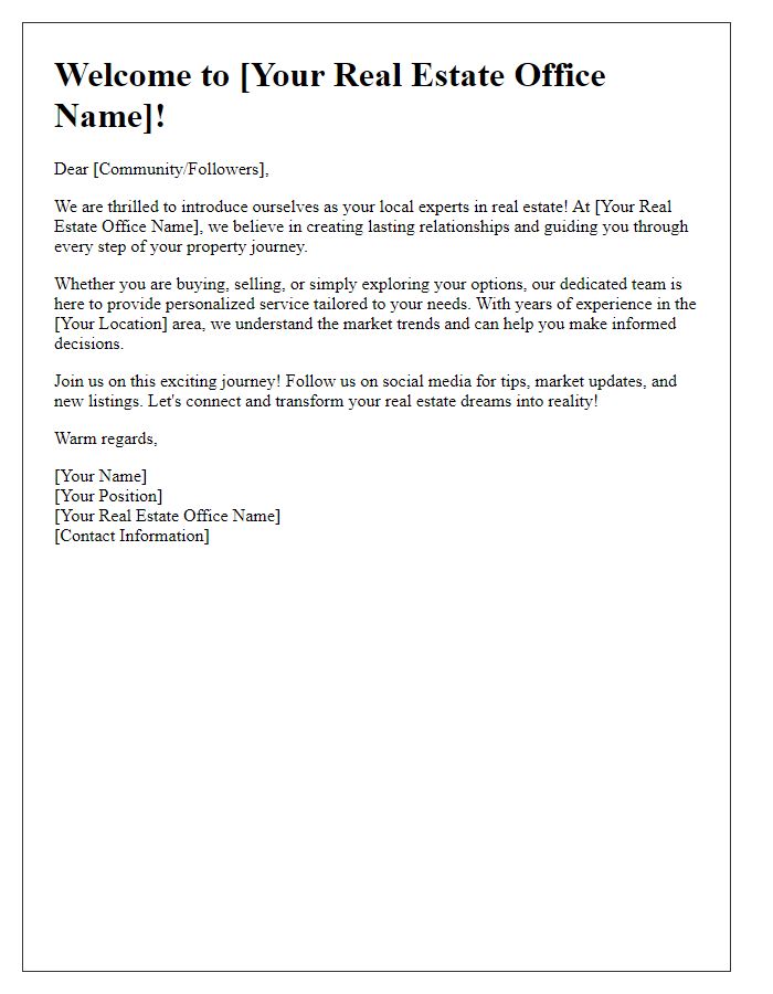 Letter template of real estate office introduction for social media engagement.