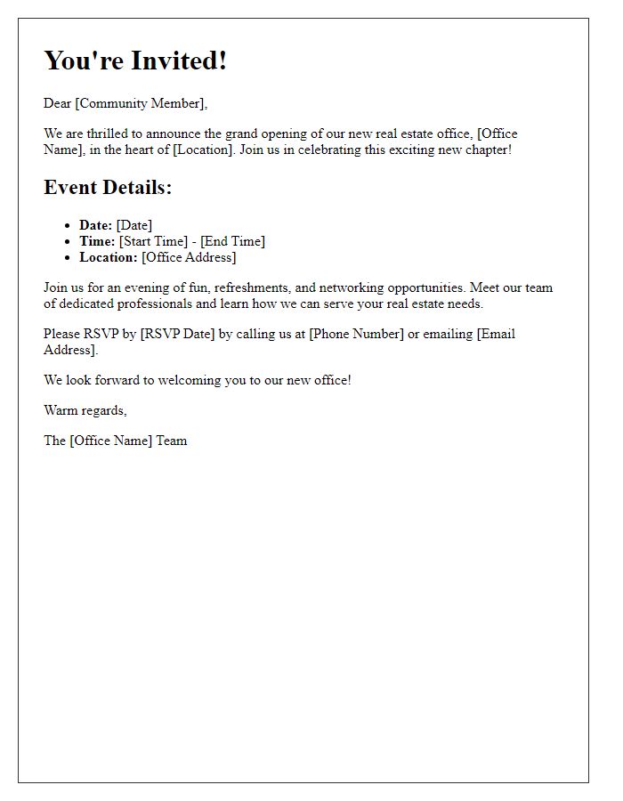 Letter template of real estate office opening invitation to the community.