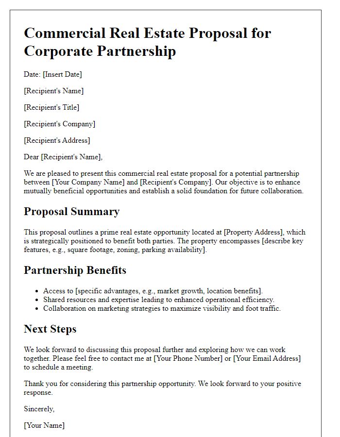 Letter template of commercial real estate proposal for corporate partnerships.