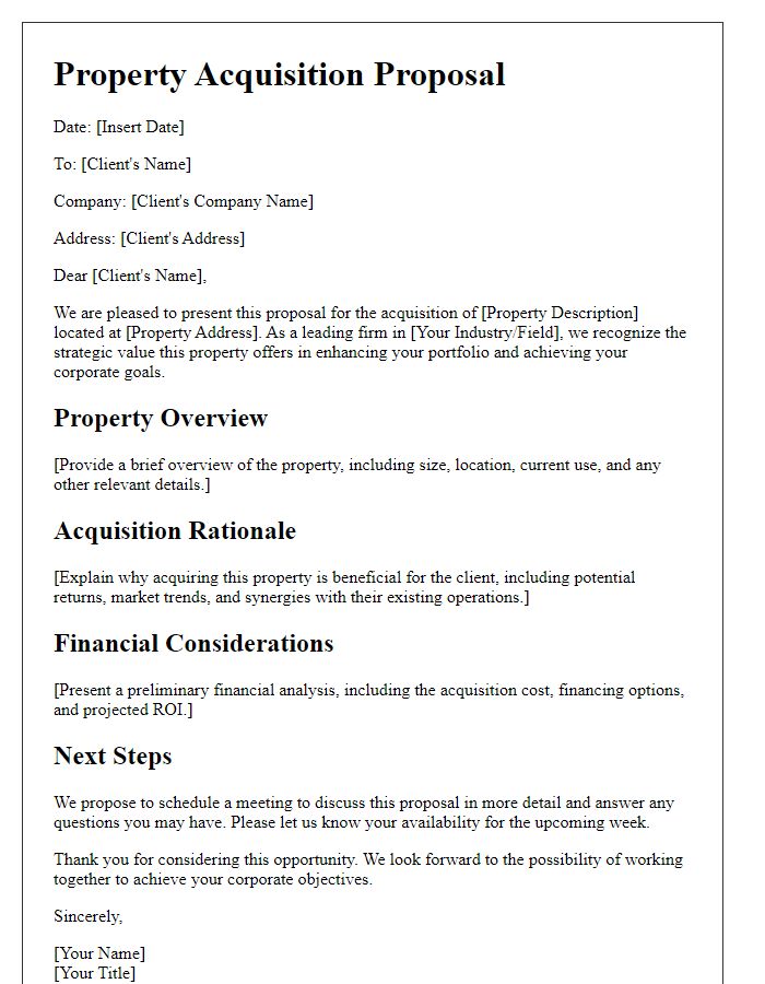 Letter template of corporate client property acquisition proposal.