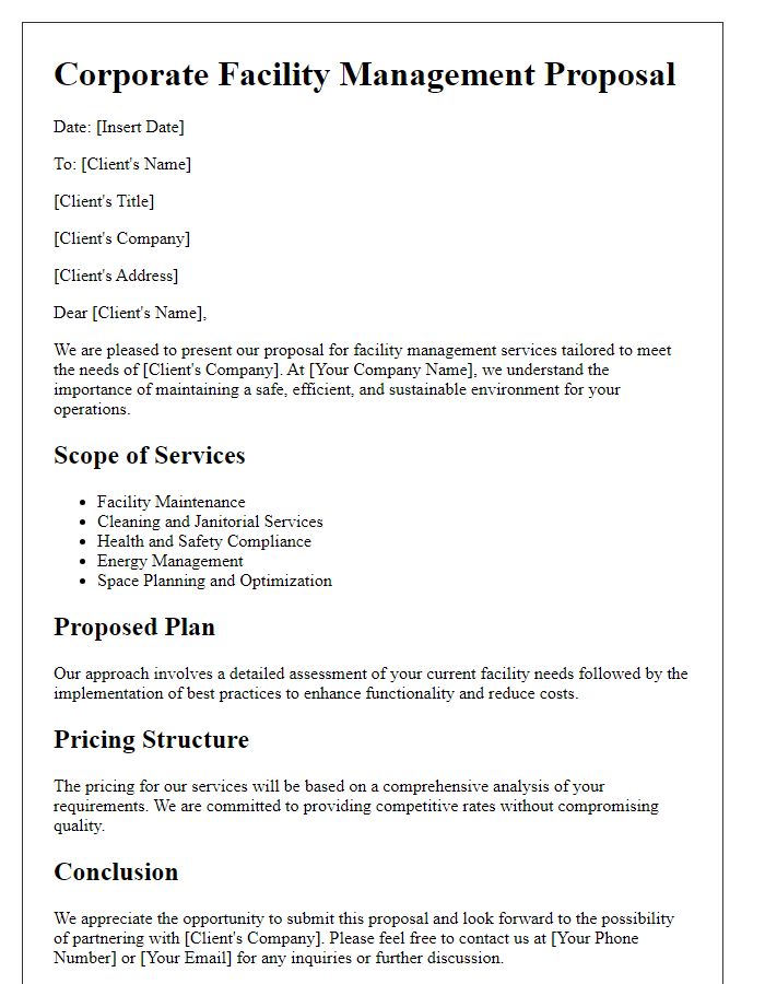 Letter template of corporate facility management proposal.