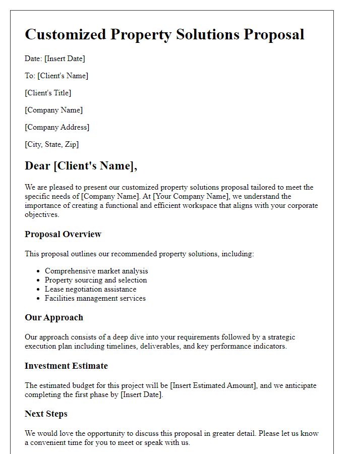 Letter template of customized property solutions proposal for corporate clients.