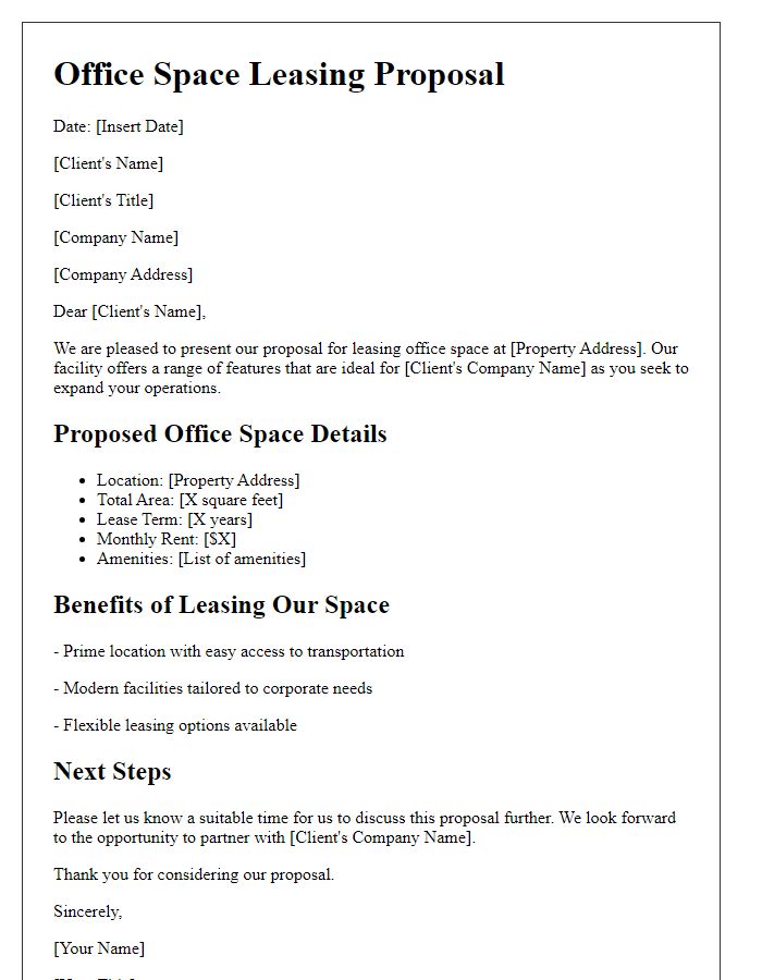 Letter template of office space leasing proposal for corporate clients.