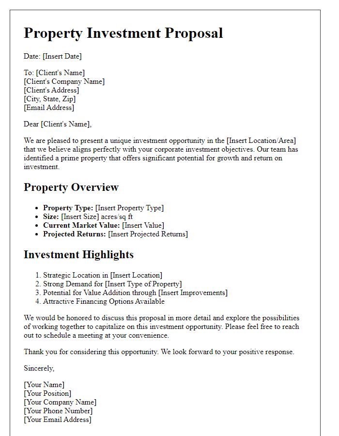 Letter template of property proposal for corporate clients seeking investment opportunities.